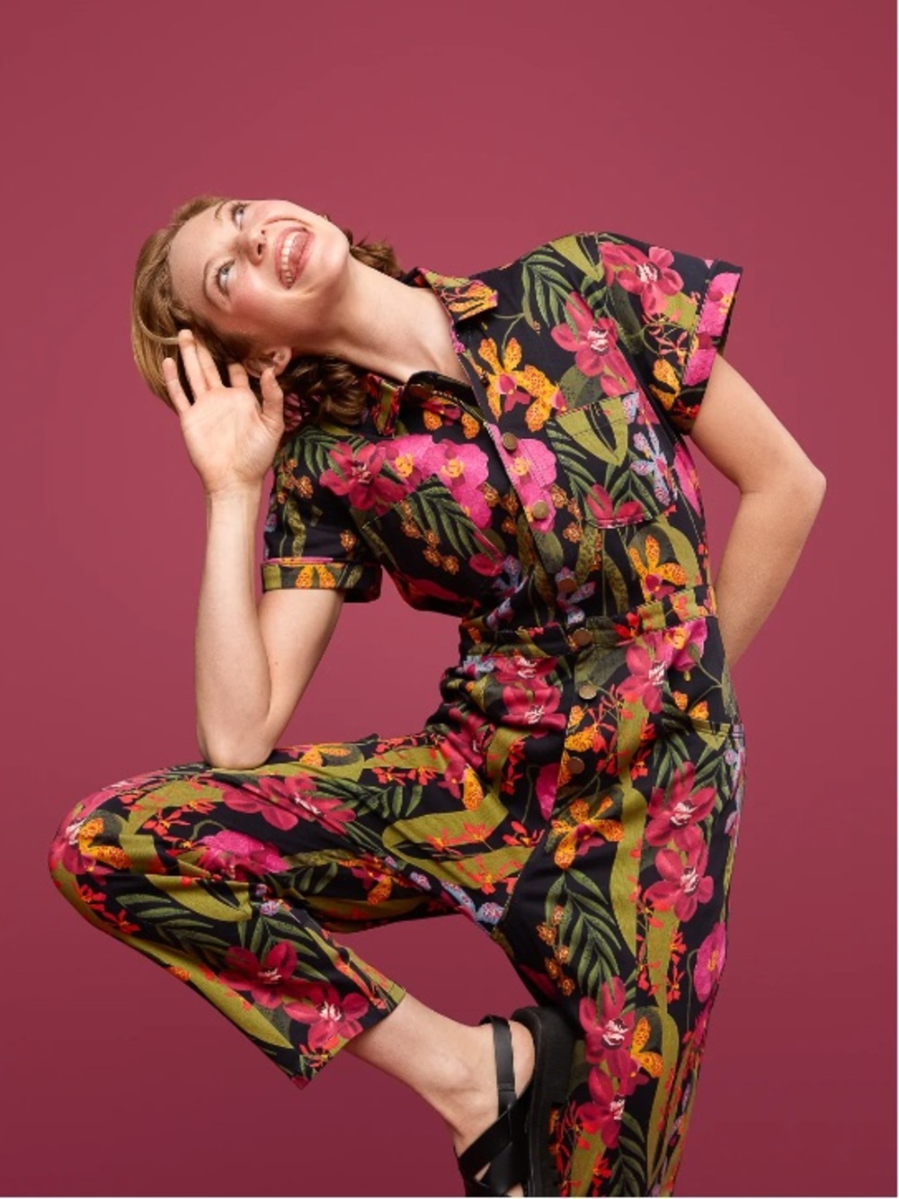 Floral Short-Sleeve Utility Jumpsuit - Black with Pink & Green Floral